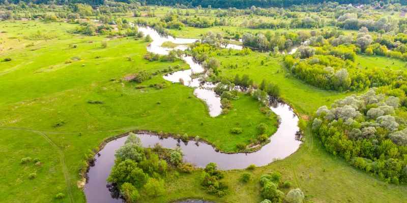 Aerial Drone Landscape of River in Green Field