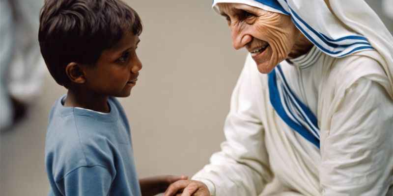 Mother Teresa as a Catholic Educator Offering A Smile and Holding a Person's Hand